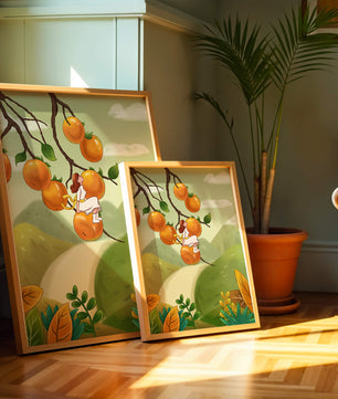 Femme assise sur un fruit orange dans un paysage surréaliste