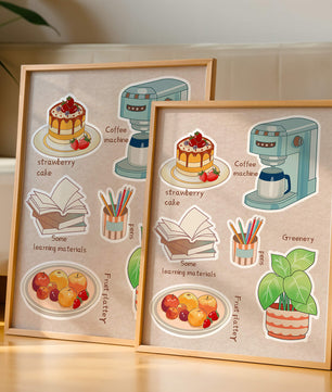 Elementos esenciales del hogar acogedor que incluyen pastel de fresa, cafetera y materiales de estudio