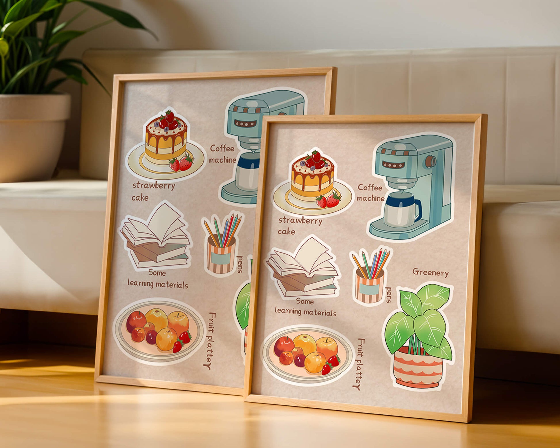 Elementos esenciales para un hogar acogedor, como tarta de fresa, cafetera y materiales de estudio.