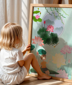 Serene illustration of a child in a lotus garden with vibrant flora