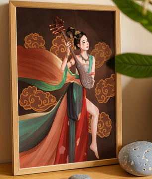 Elegante representación de una mujer tocando un instrumento de cuerda tradicional con ropajes fluidos y fondo ornamentado