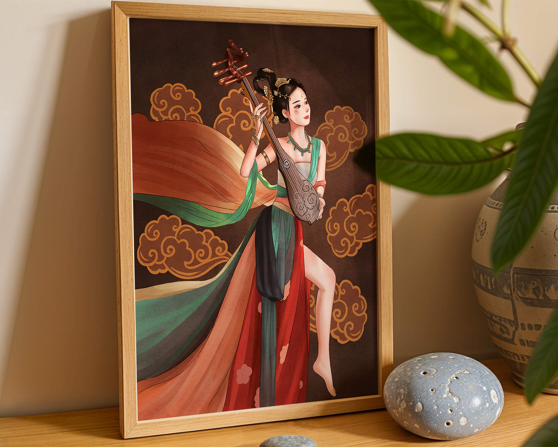 Elegant depiction of a woman playing a traditional string instrument with flowing garments and ornate background