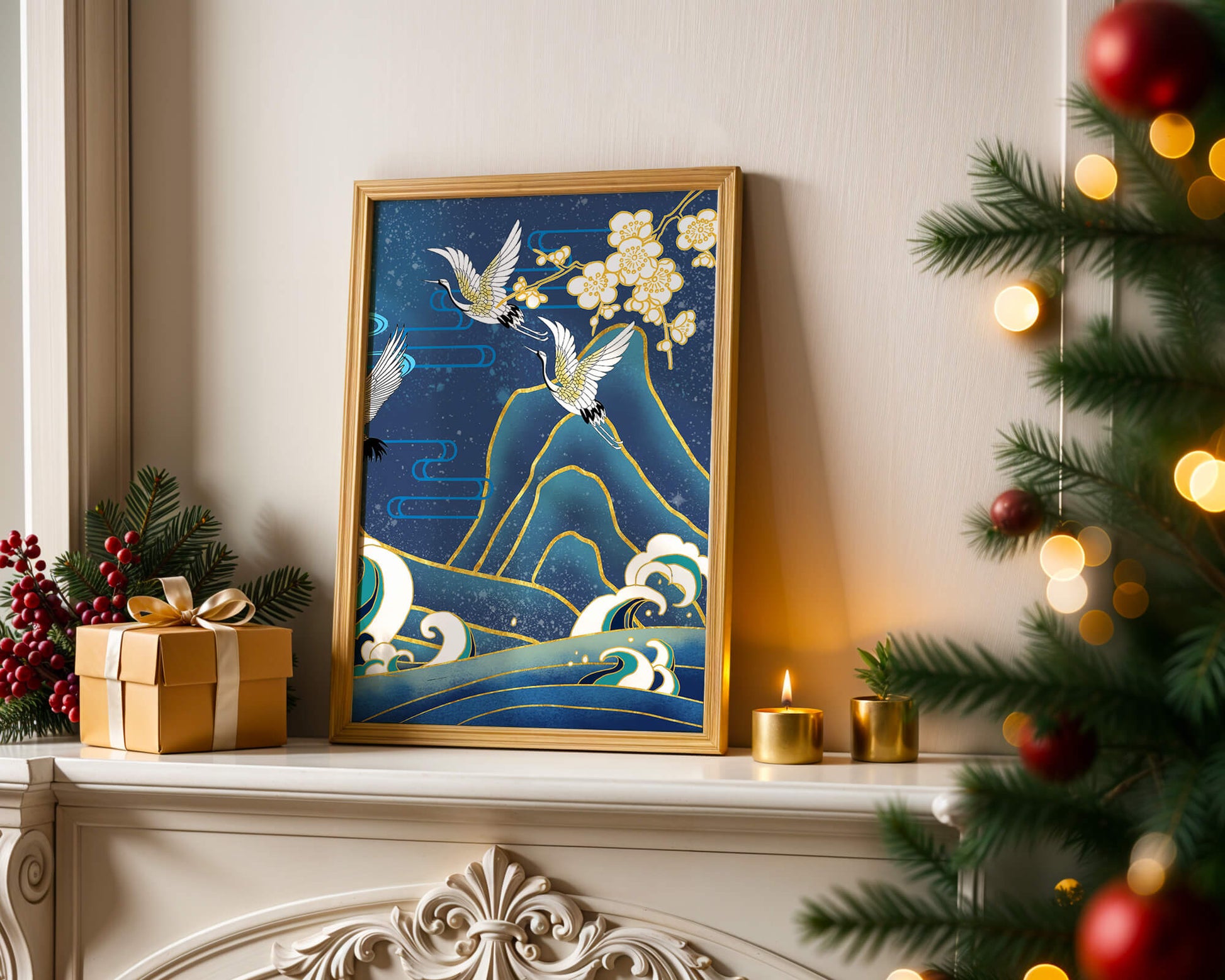 Elegant Cranes in Flight over Ocean Waves with Golden Accents and Blossoms