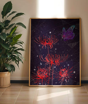 Vivid Night Sky with Red Spider Lilies and Purple Butterfly - Mi tienda