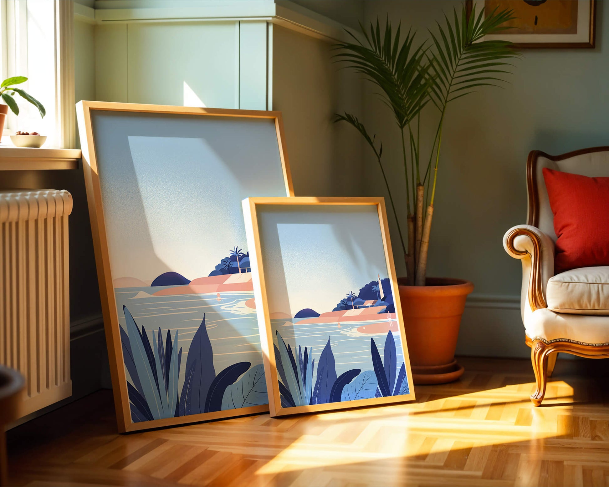 Serene seaside scene with lighthouse and tropical foliage