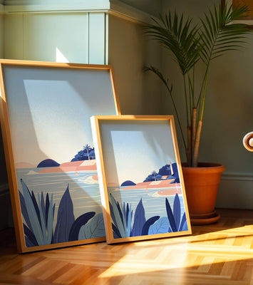 Serene seaside scene with lighthouse and tropical foliage