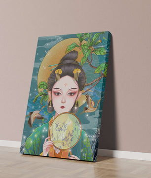 Elegante representación de una mujer con atuendo tradicional sosteniendo un abanico decorativo
