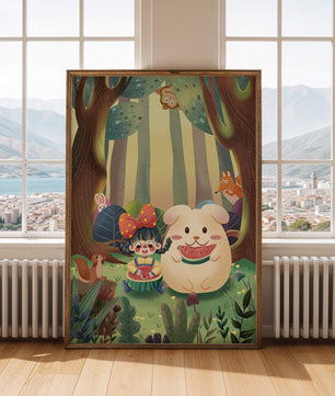 Escena encantadora del bosque con una niña y un conejo disfrutando de sandía