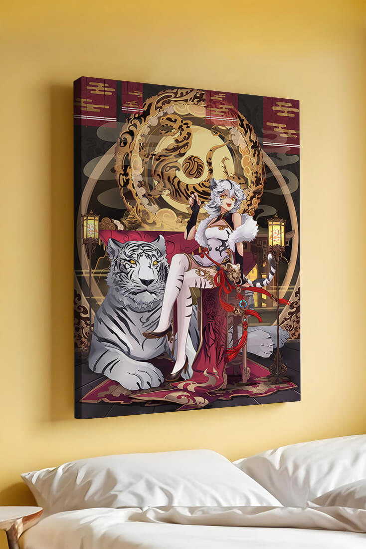 Elegant fantasy character with mystical tiger and ornate decor