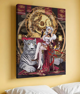 Elegant fantasy character with mystical tiger and ornate decor
