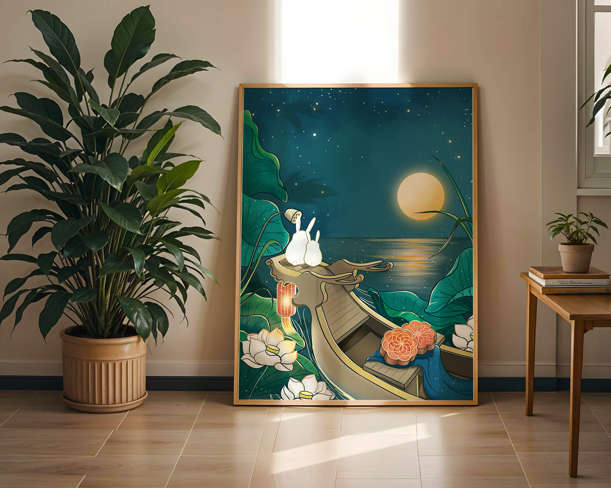 Serene illustration of rabbits gazing at a bright moon on a tranquil lake