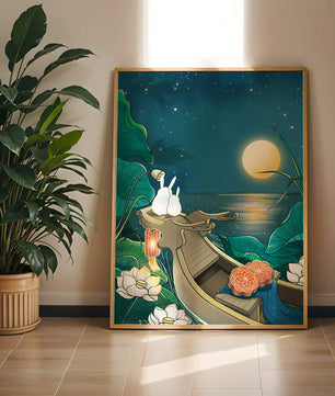 Ilustración serena de conejos contemplando una luna brillante sobre un lago tranquilo