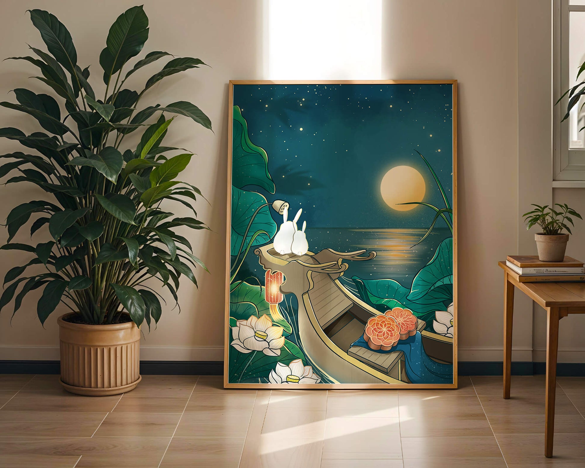 Serene illustration of rabbits gazing at a bright moon on a tranquil lake