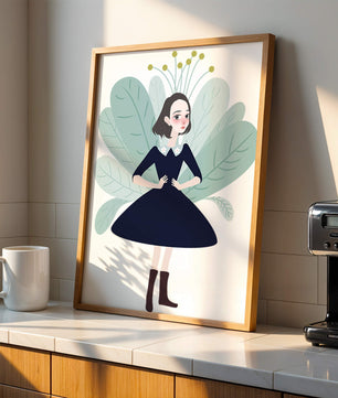 Ilustración de una chica caprichosa con hojas y elementos florales