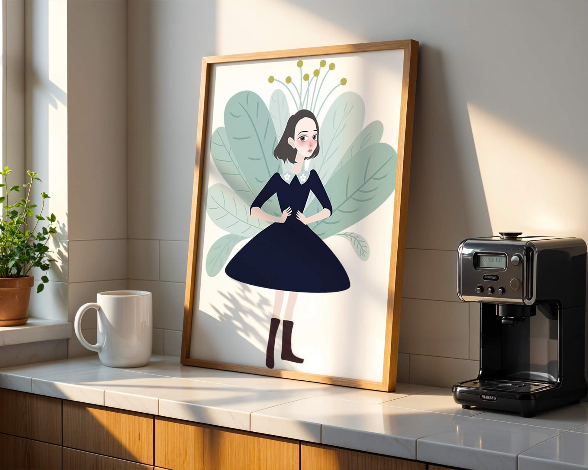 Illustration of a whimsical girl with leaves and floral elements