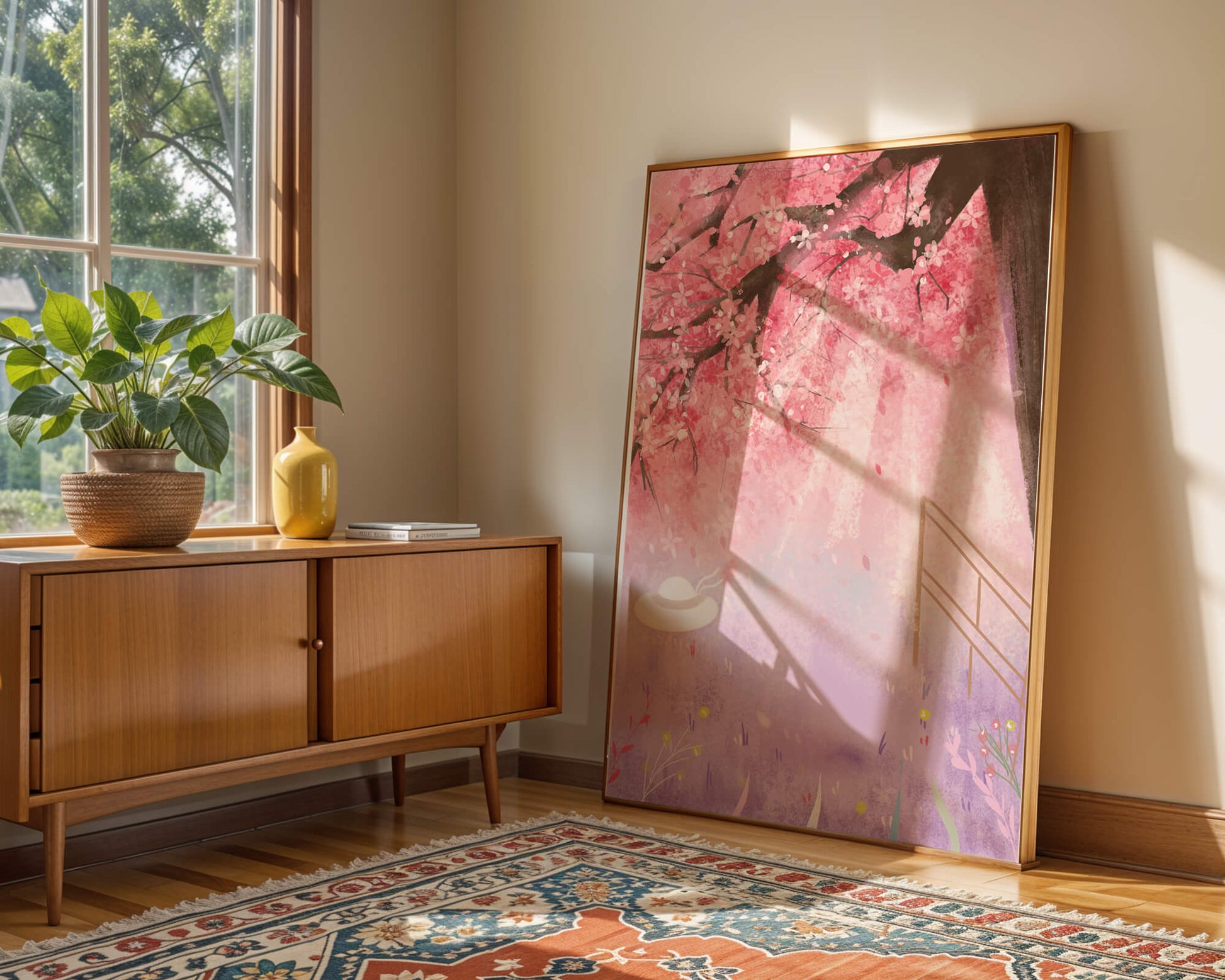 Cherry Blossom Garden with Spring Flowers and Sunlight