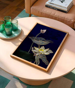 Elegant Lotus Flower with Gold Accents on Deep Blue Background