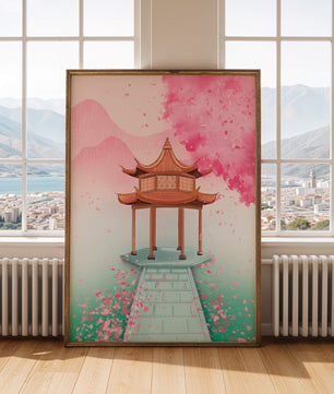 Traditioneller asiatischer Pavillon, umgeben von Kirschblüten