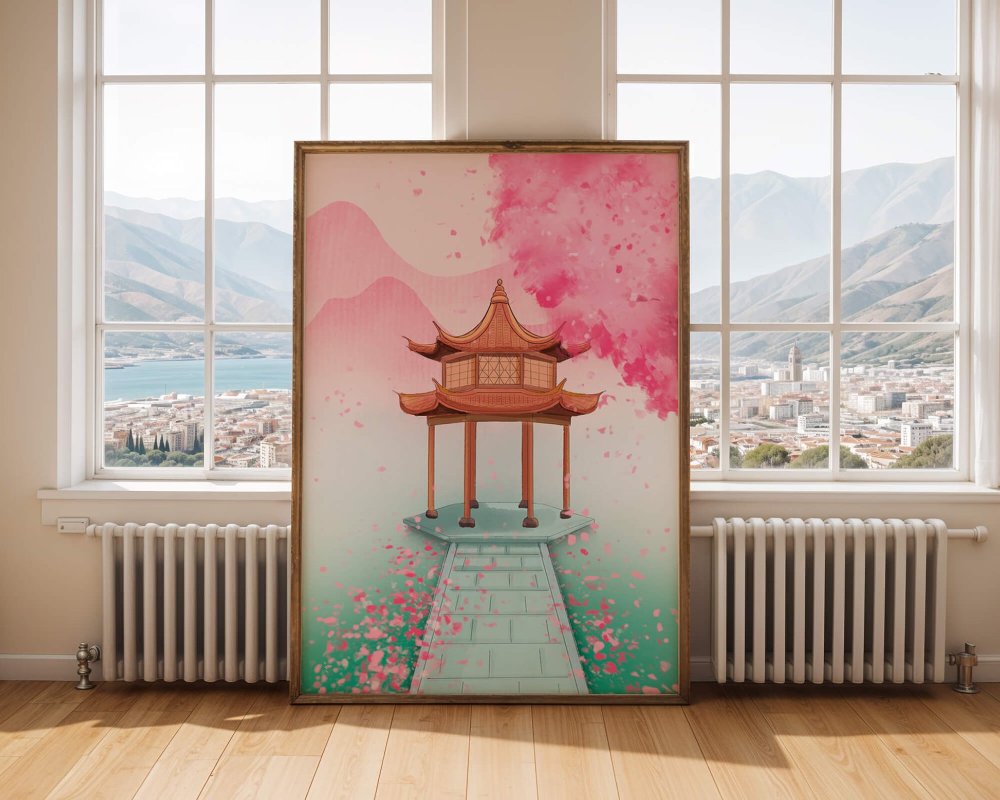 Traditional Asian gazebo surrounded by cherry blossoms