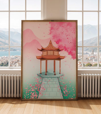 Traditional Asian gazebo surrounded by cherry blossoms