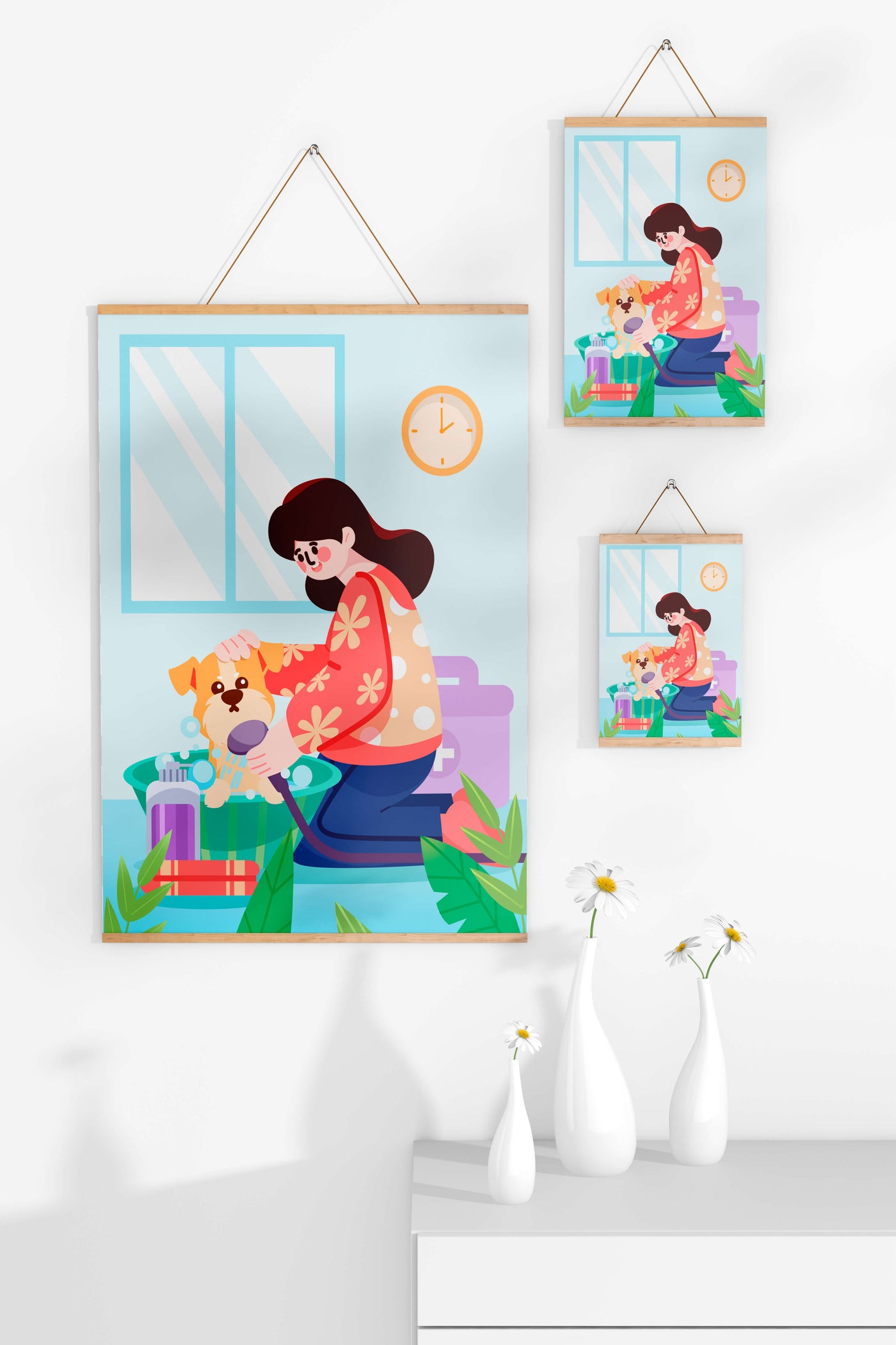 Woman giving a bath to a dog in a colorful bathroom setting