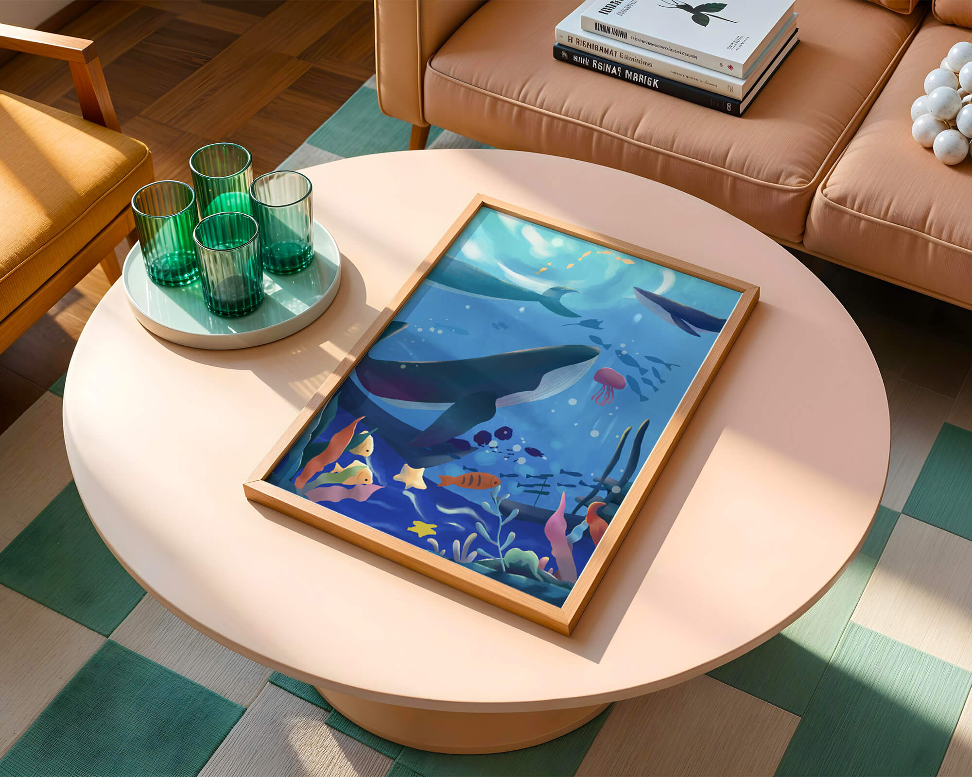 Underwater scene with whales, fish, and coral reef