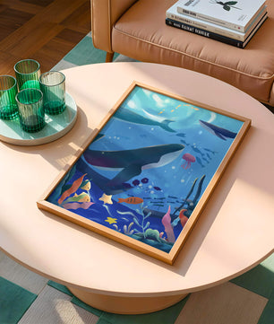 Escena submarina con ballenas, peces y arrecife de coral