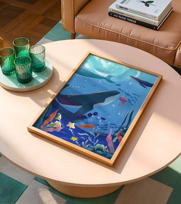 Underwater scene with whales, fish, and coral reef