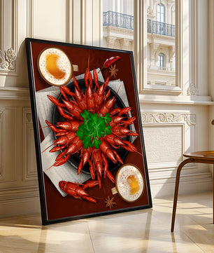 Gourmet-Meeresfrüchteplatte mit Flusskrebsen und Kaffeetassen