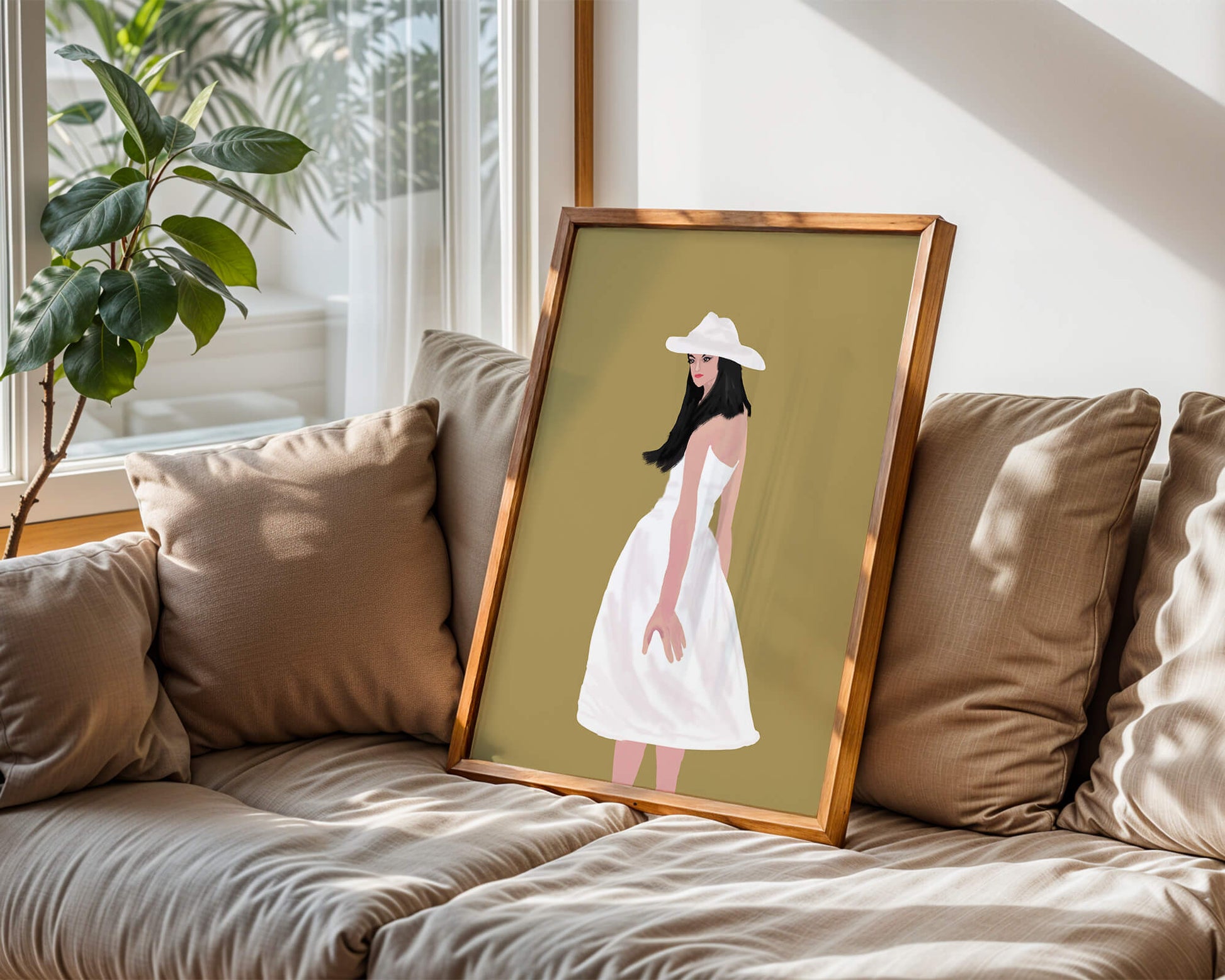 Woman in a white dress and hat on a gold background
