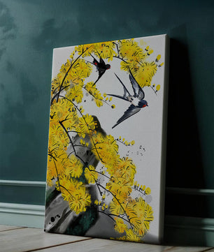 Representación artística de golondrinas entre flores amarillas vibrantes