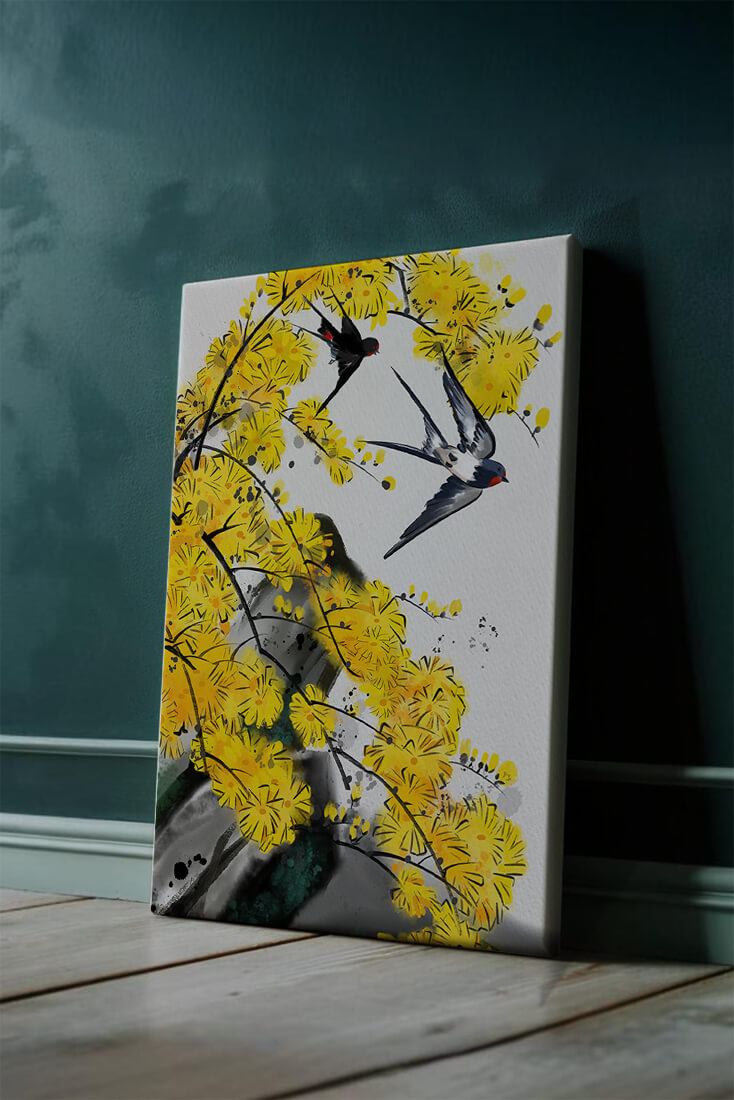 Artistic depiction of swallows amid vibrant yellow blossoms