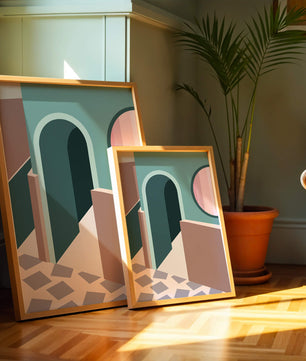 Abstract architectural scene with geometrical shapes