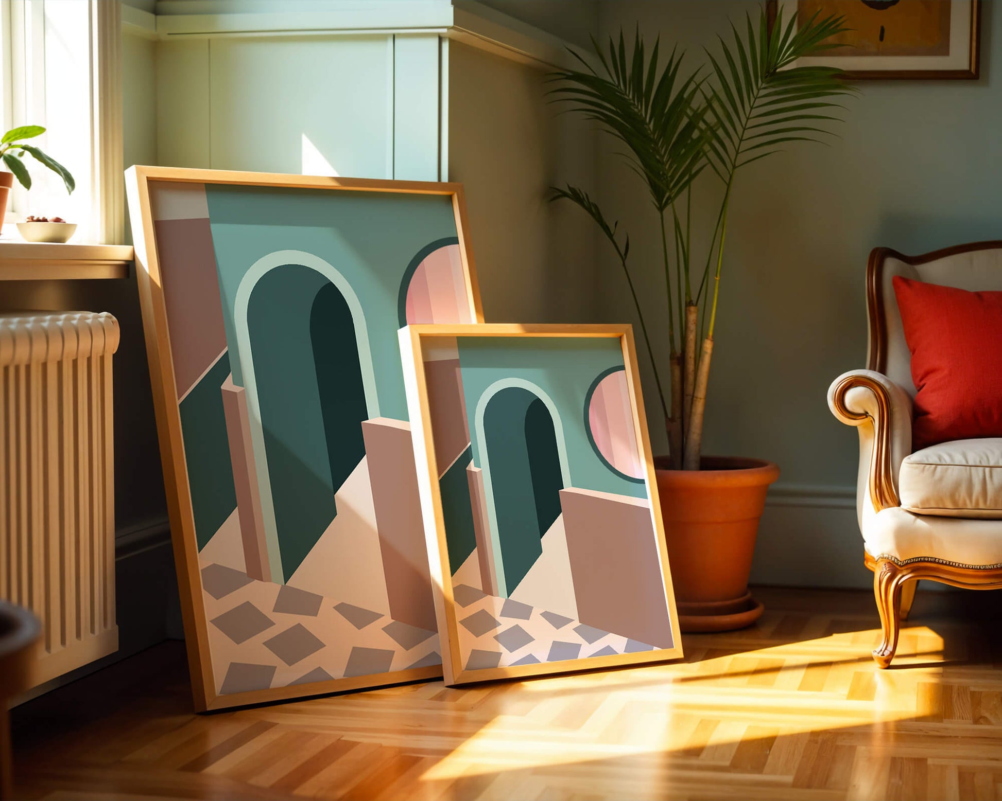 Abstract architectural scene with geometrical shapes