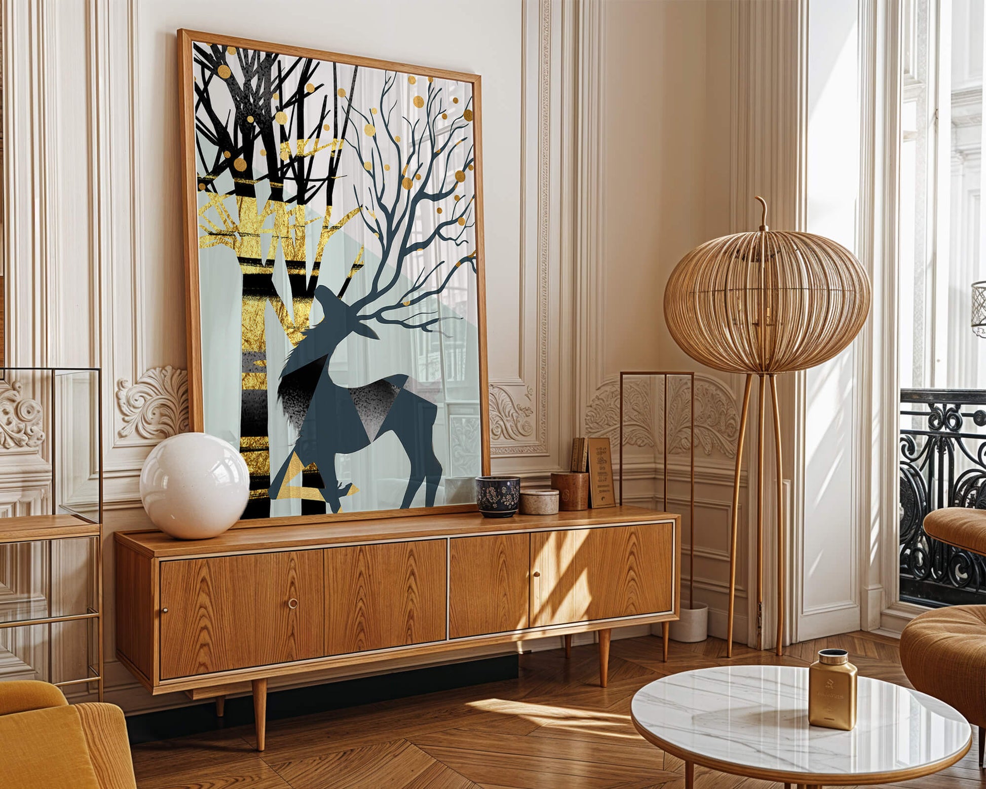 Abstract Deer Silhouette with Golden Accents and Trees