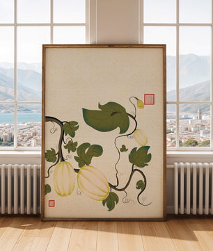 Illustration botanique élégante de melons et de vignes sur un fond texturé