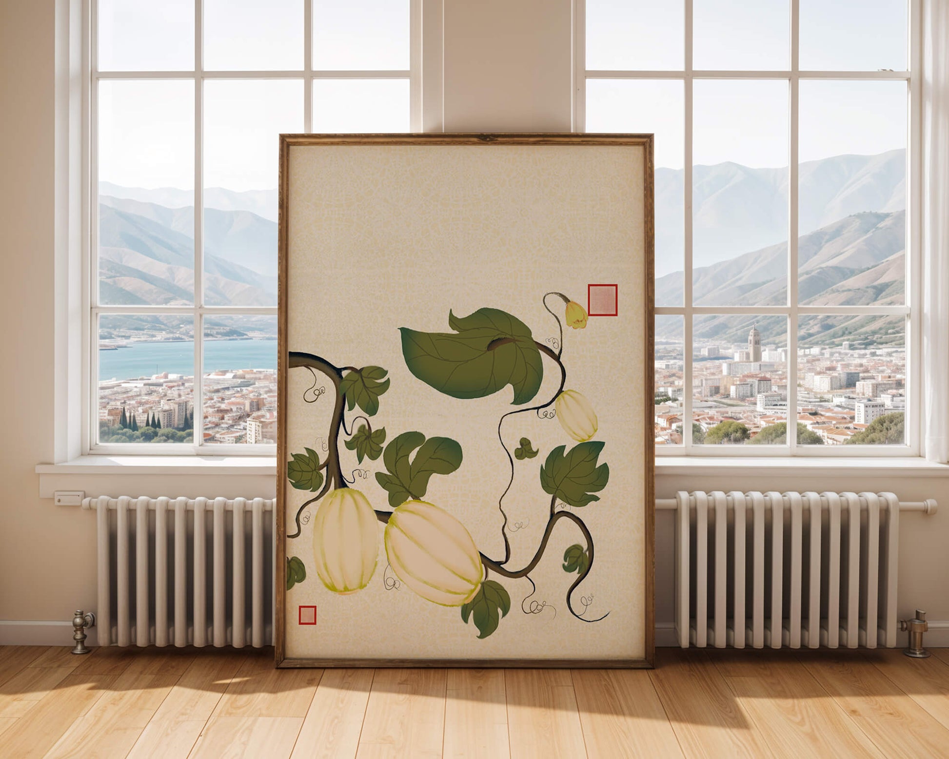 Illustration botanique élégante de melons et de vignes sur un fond texturé