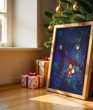 Little Girl in Red Hood Exploring Enchanted Forest at Night with Owl and Bear