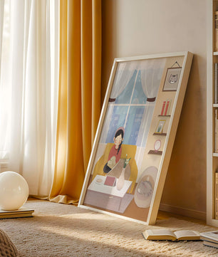 Cozy living room with a girl and a dog on a yellow sofa