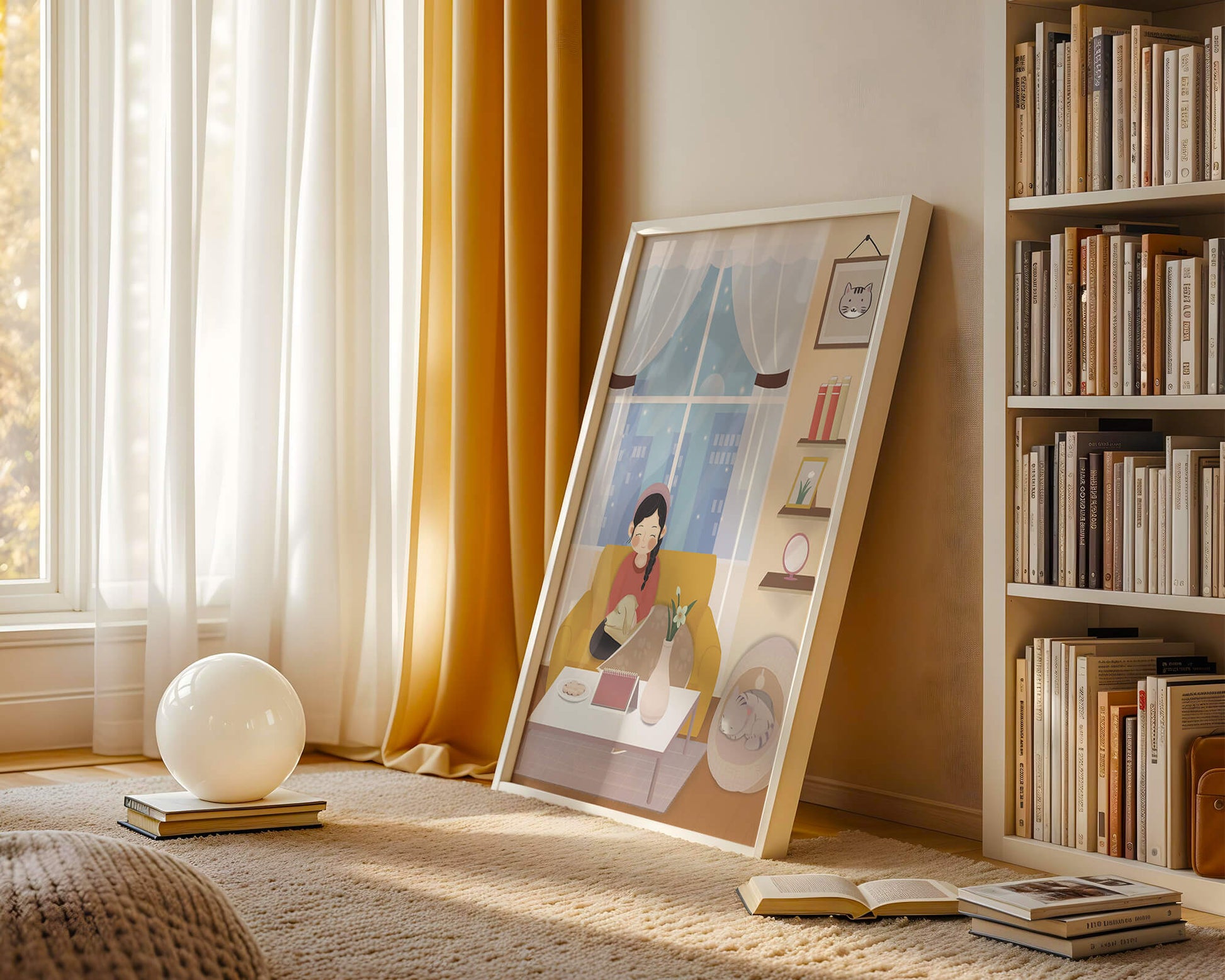 Cozy living room with a girl and a dog on a yellow sofa