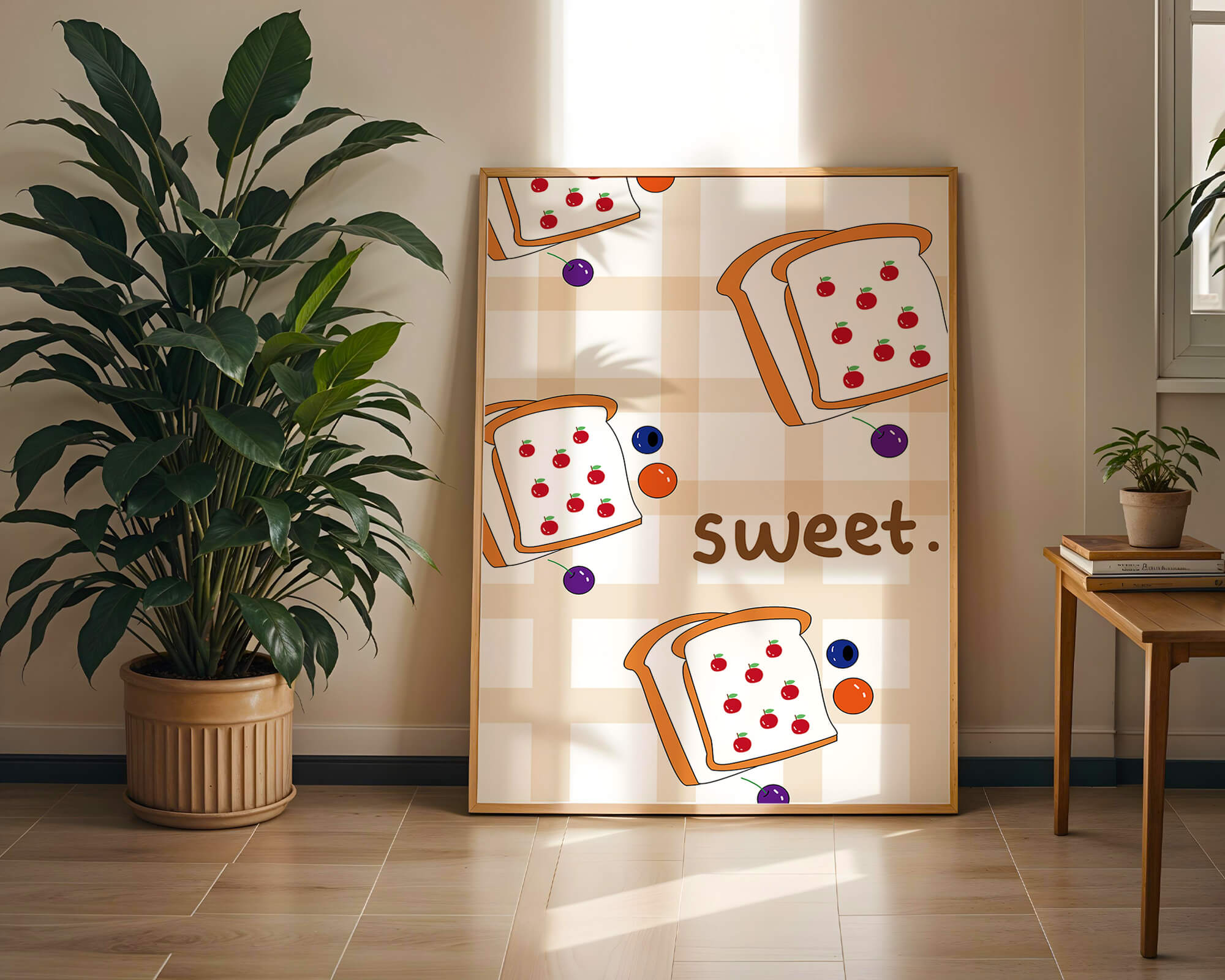 Playful toast pattern with fruit decor and text
