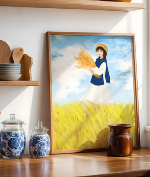 Young girl in a wheat field on a sunny day illustration