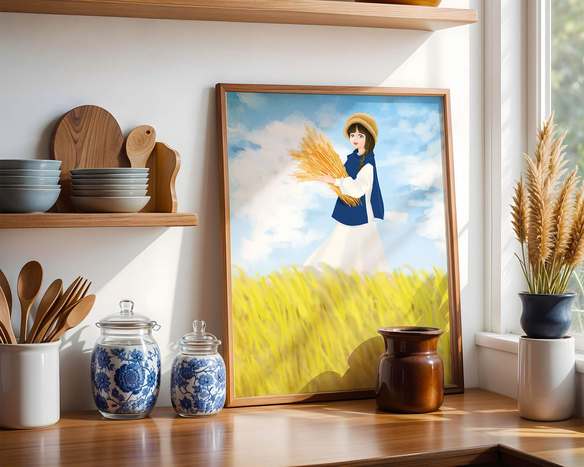 Young girl in a wheat field on a sunny day illustration
