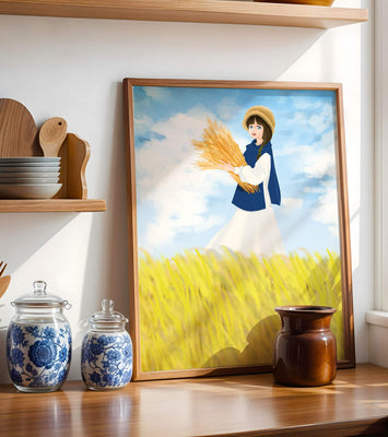 Young girl in a wheat field on a sunny day illustration