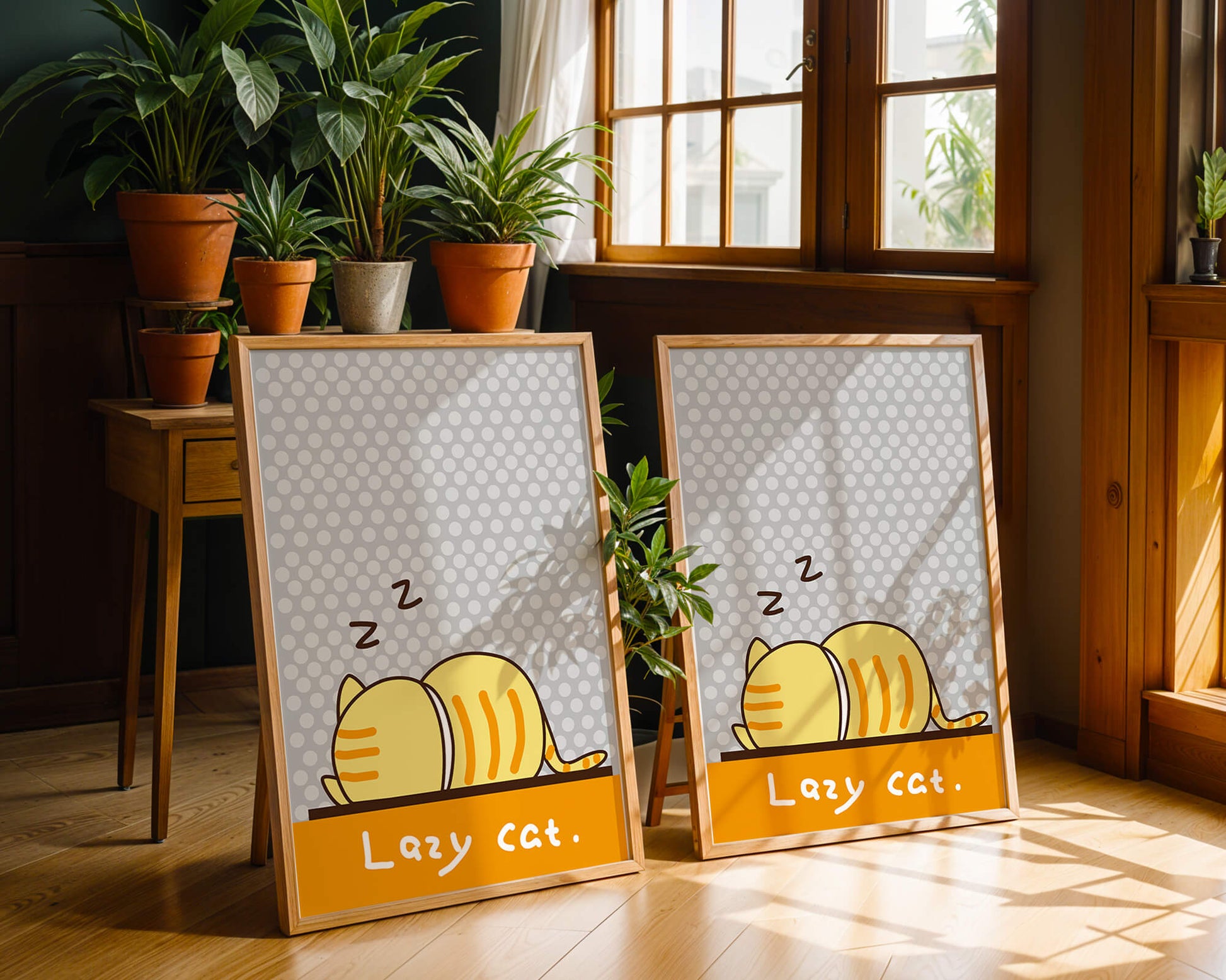 Sleeping cartoon cat with polka dot background
