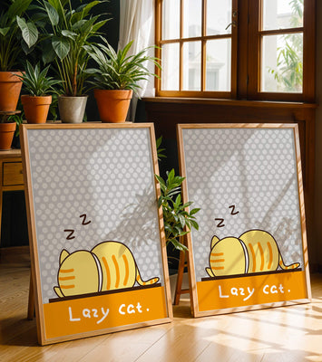 Sleeping cartoon cat with polka dot background
