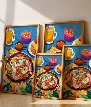 Escena ilustrativa de desayuno colorida con pasta y bebidas