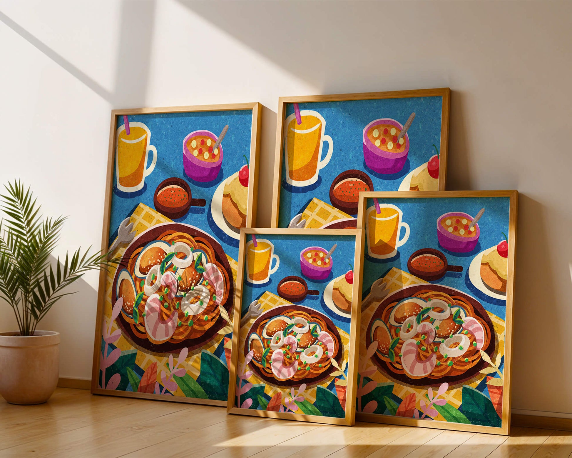 Colorful Illustrative Breakfast Scene with Pasta and Drinks