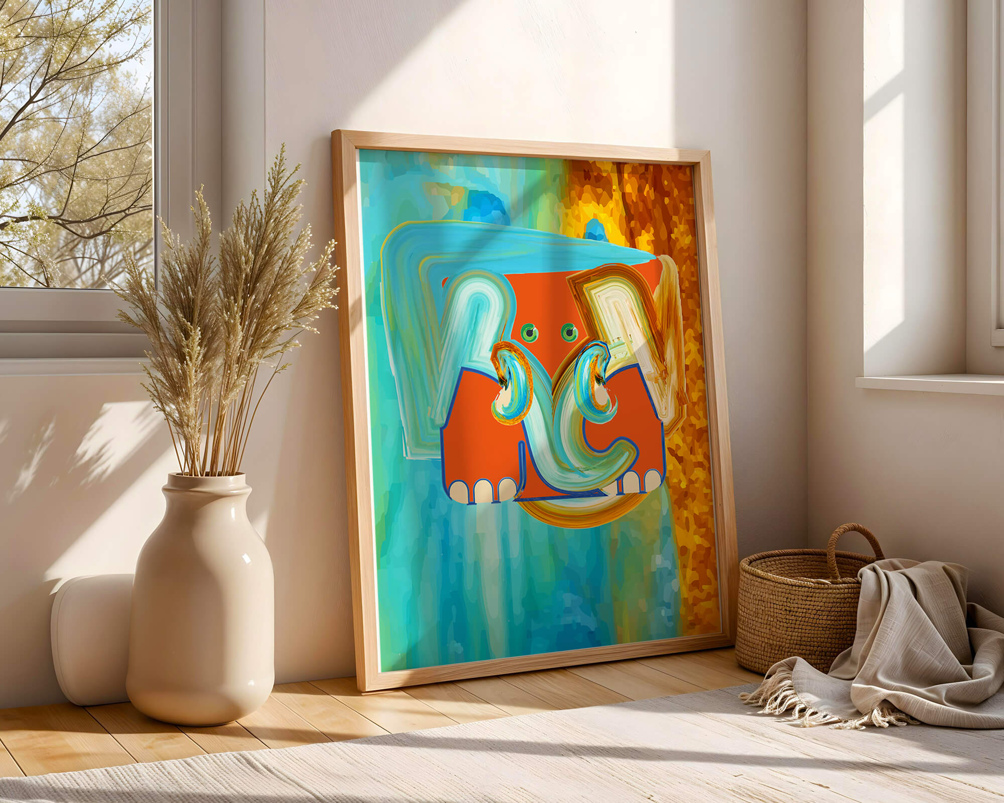 Colorful abstract painting of an elephant with vibrant hues and artistic brushstrokes