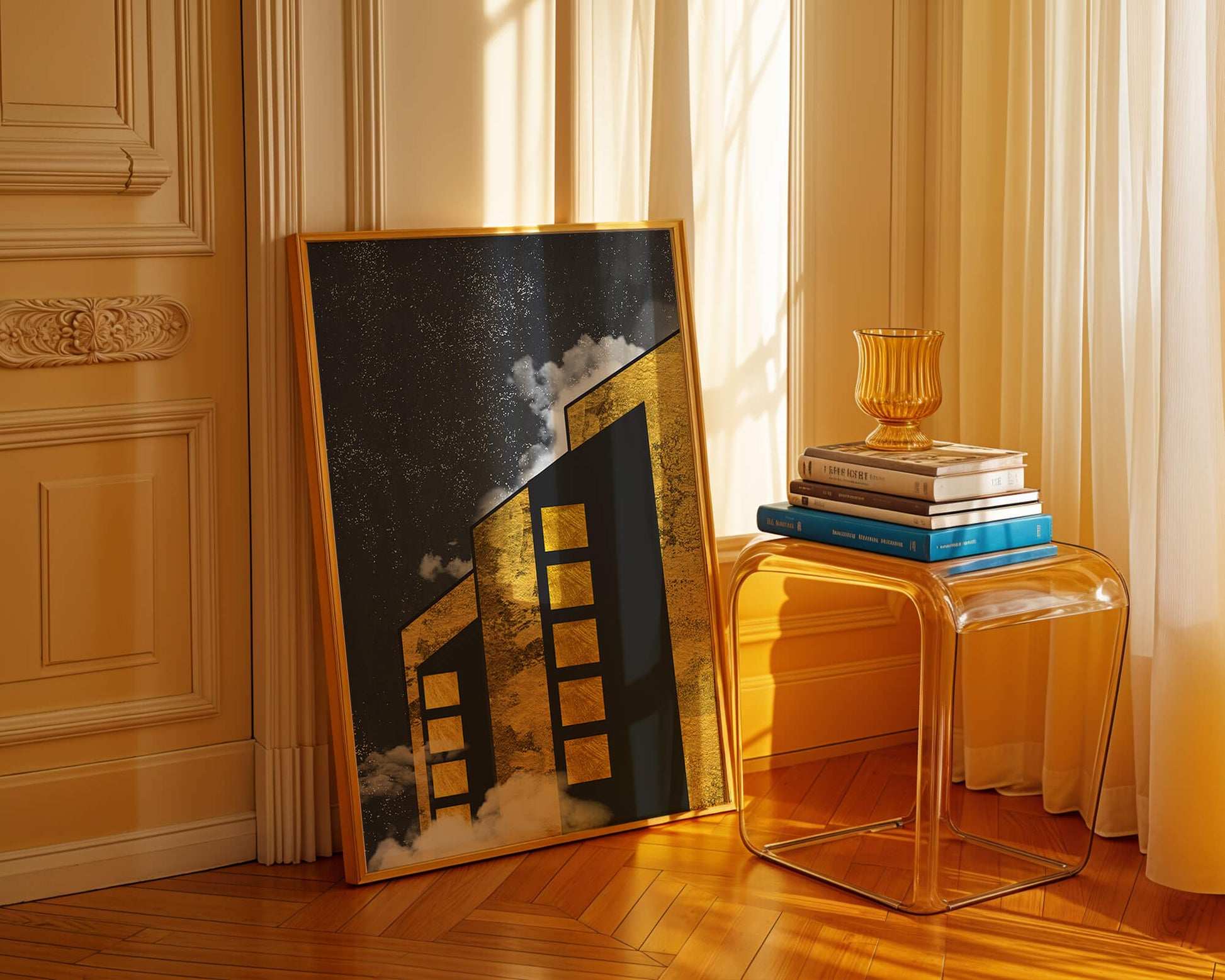 Artistic architectural illustration with golden elements and night sky